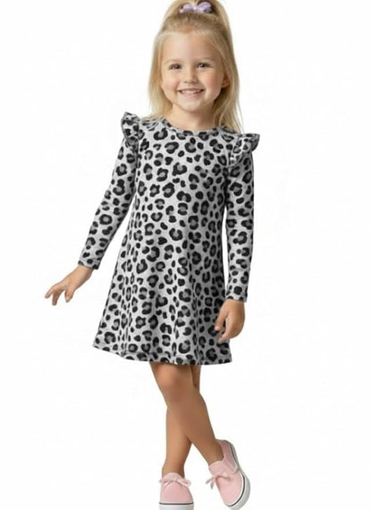 Girls Ruffle Sleeve Knee Length Printed Casual Dress